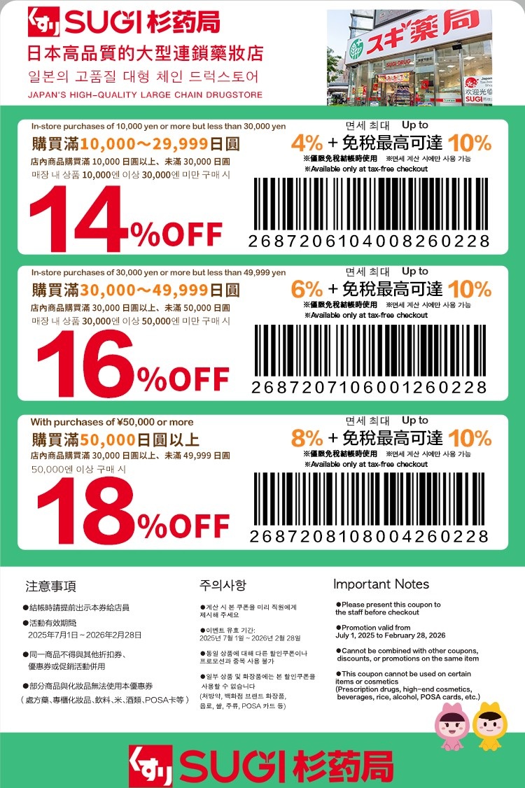 日本藥妝電器折扣券，唐吉訶德折扣券、Bic Camera折扣券、愛電王折扣券、松本清、SUGI藥局、Sundrug、成田機場免稅店、ANA機場免税店、札幌藥粧、鶴羽藥妝、大丸松阪屋、Laox、Alpen Group、小田急百貨、名鐵百貨、西武百貨、洋服の青山、Laox、JUNGLE 密林玩具免稅折扣券 @緹雅瑪 美食旅遊趣