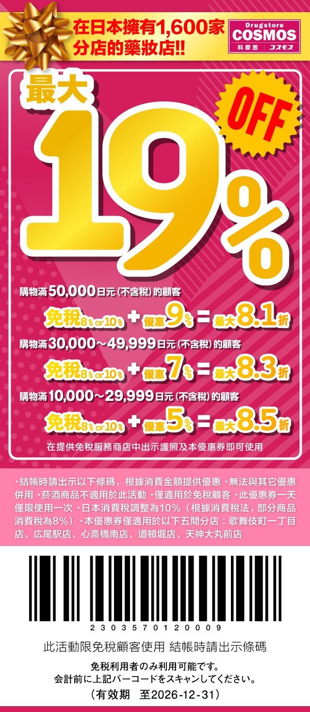 日本藥妝電器折扣券，唐吉訶德折扣券、Bic Camera折扣券、愛電王折扣券、松本清、SUGI藥局、Sundrug、成田機場免稅店、ANA機場免税店、札幌藥粧、鶴羽藥妝、大丸松阪屋、Laox、Alpen Group、小田急百貨、名鐵百貨、西武百貨、洋服の青山、Laox、JUNGLE 密林玩具免稅折扣券 @緹雅瑪 美食旅遊趣